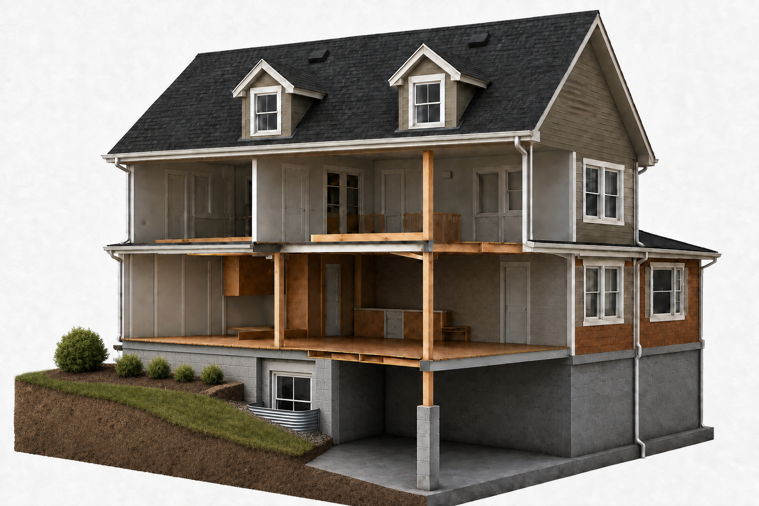 Traditional gable-roof cutaway home showing connected building systems, sloped grading, and a basement window well